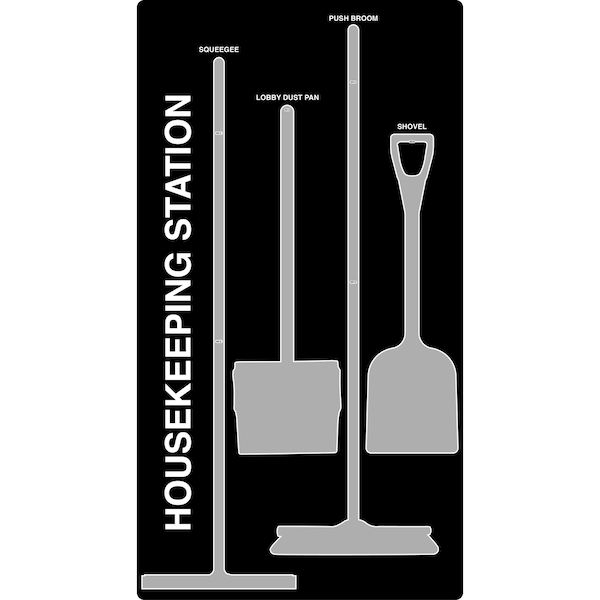 5S Housekeeping Shadow Board Broom Station Version 10  - Black Board / Gray Shadows  With Broom